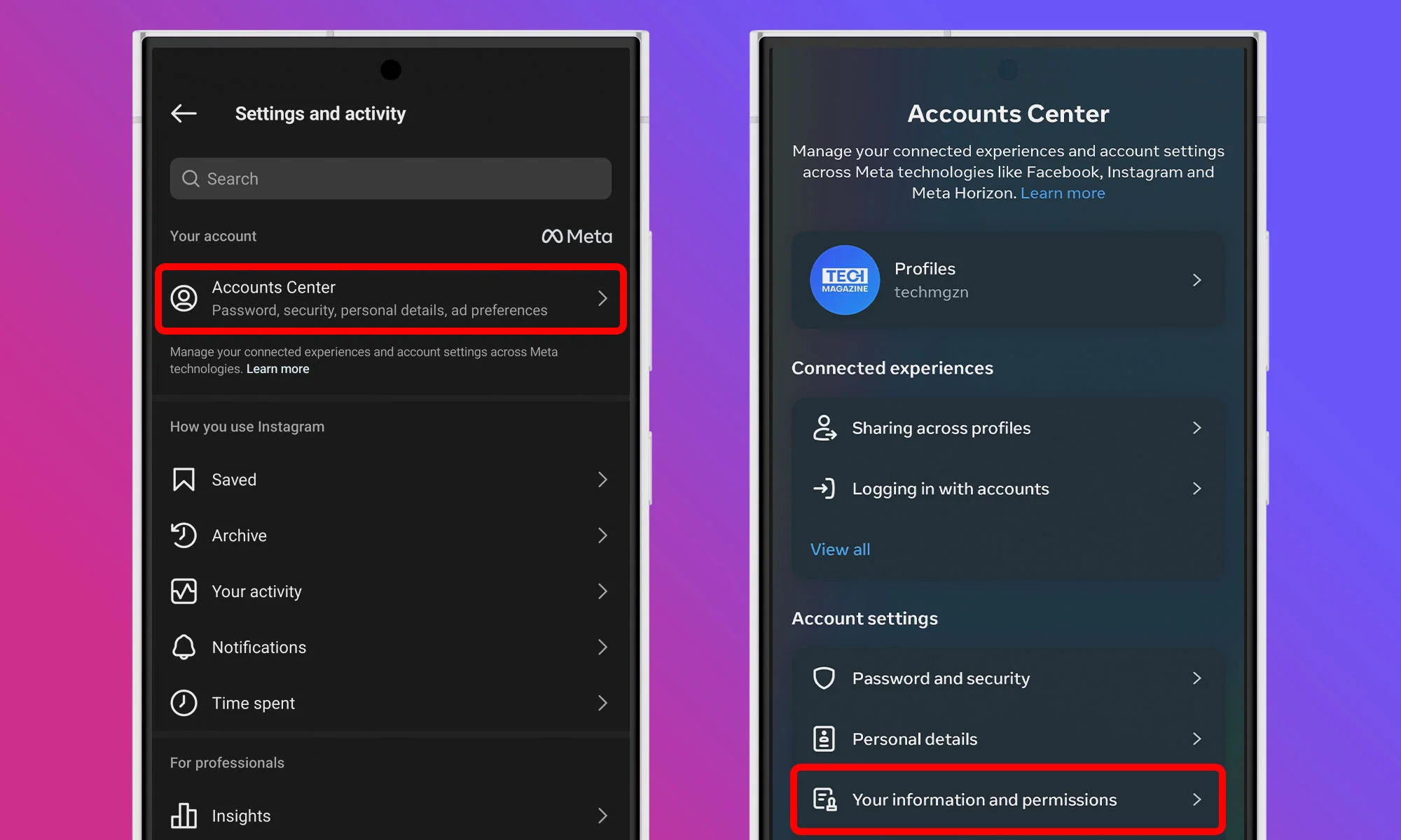 access your instagram account center