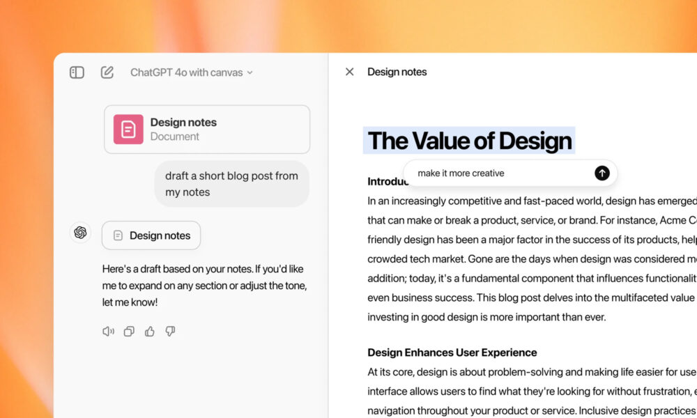 openai adds new canvas feature to its chatgpt interface